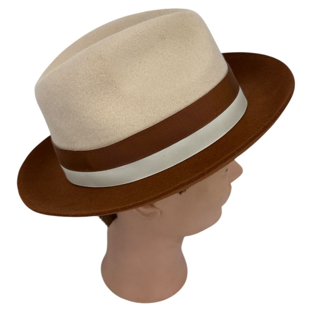 Fedora Wool Hat Medium felt raw edge snap brim 2-tone red cream pinch front - Picture 5 of 16